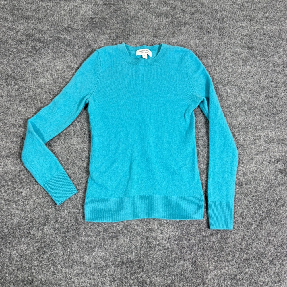 Nordstrom Crewneck Sweater Cashmere Womens XS Turquoise Blue 100% Cashmere GUC